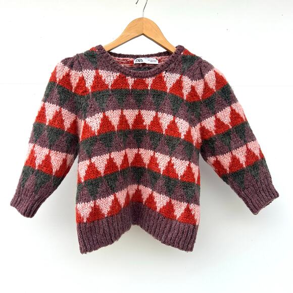 Zara Puff Shoulder Mohair Sweater Small Purple Patterned Holiday Pullover - Picture 3 of 10